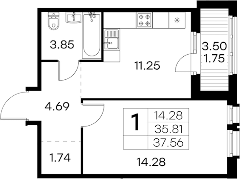 1-комнатная квартира 37.56 м², 12/15 эт., ЖК «GloraX Парголово»